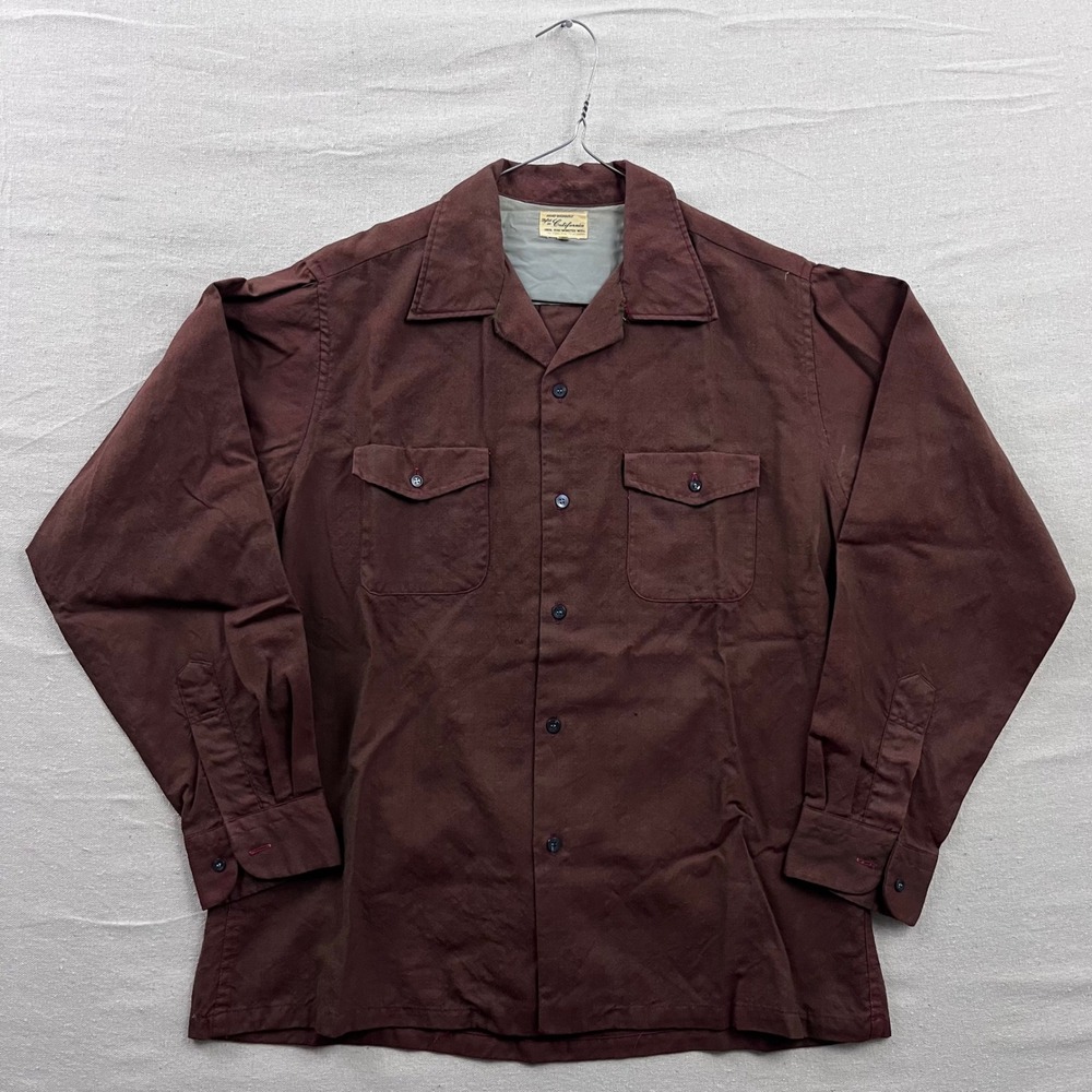 Vintage 60s Styled in California Worsted‎ Wool Shirt Burgundy Loop Collar Large